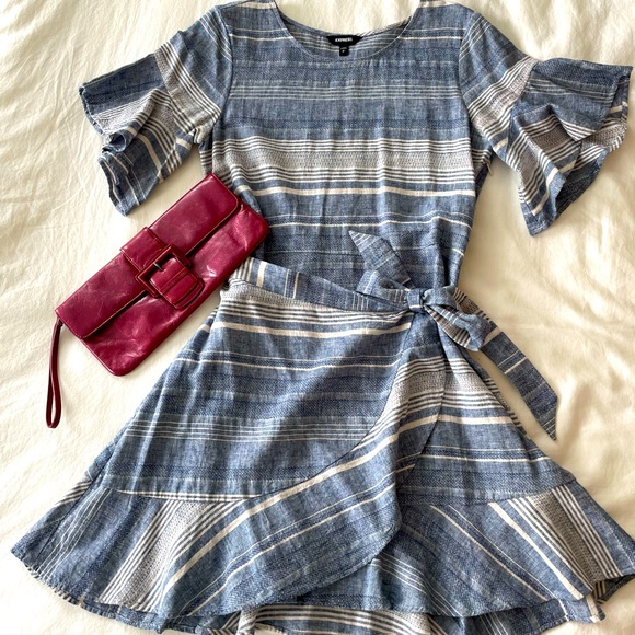 Chambray striped mini wrap dress with flutter sleeve. Size S. - Picture 1 of 4